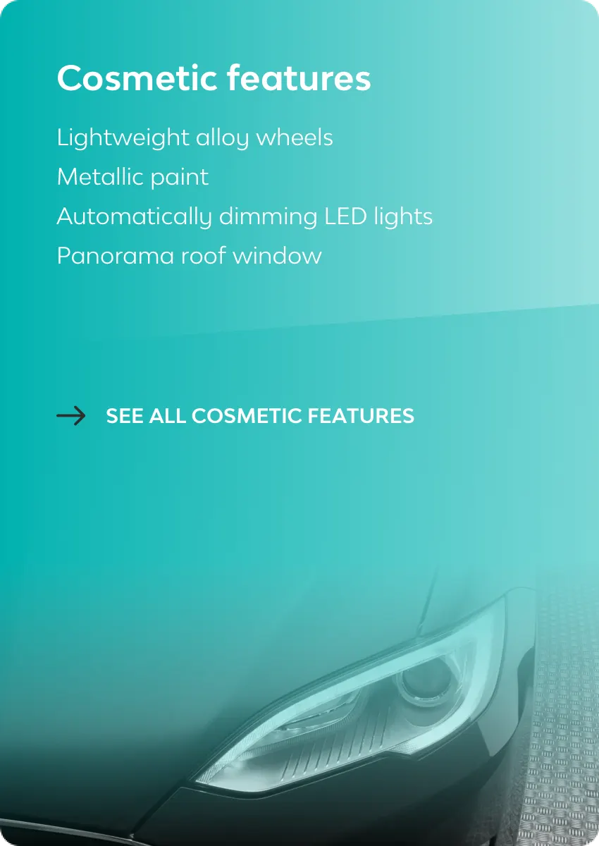 card with cosmeting features of a car, like metallic paint